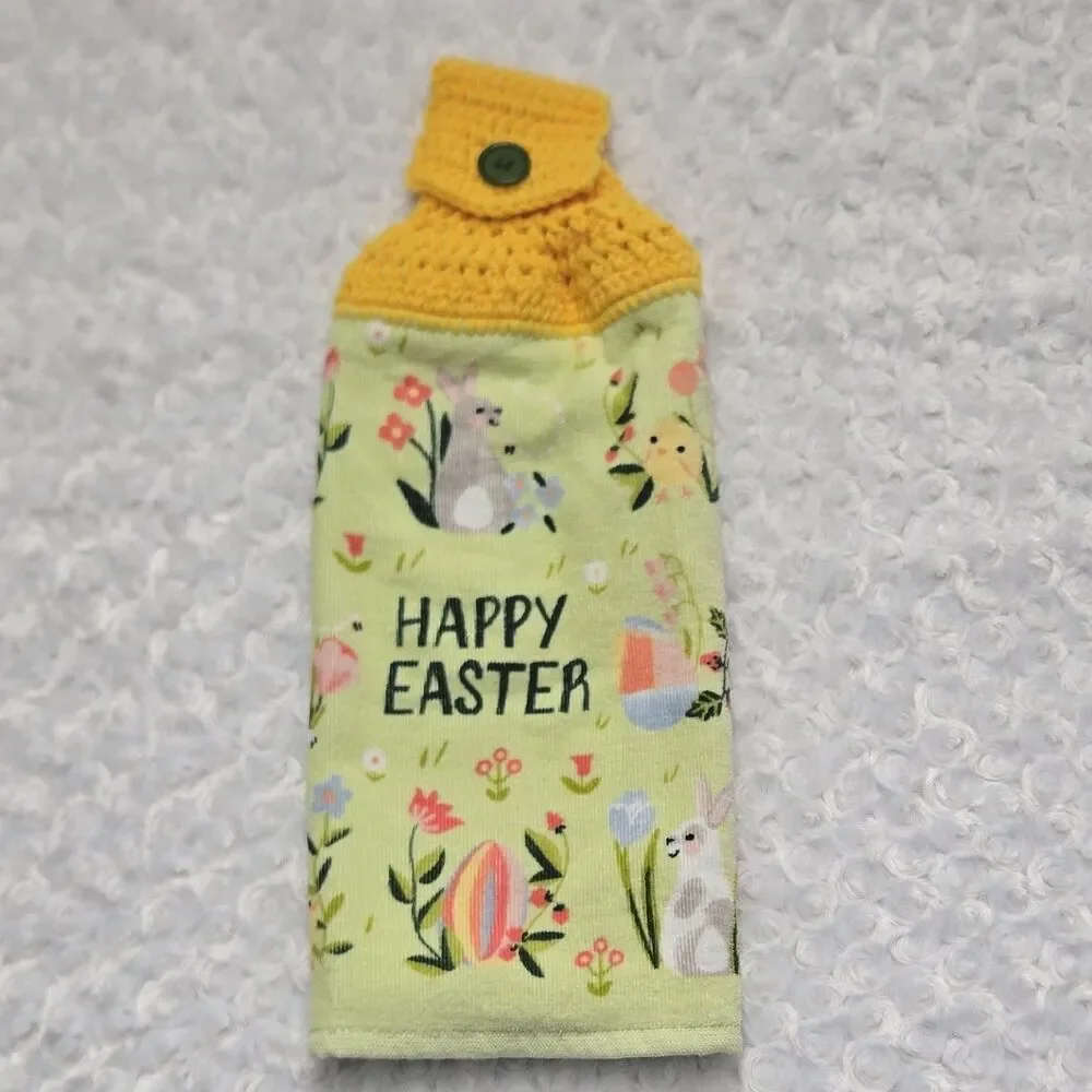 Easter Kitchen Towel Crocheted Top Button Closure Green Yellow Bunny Egg Design
